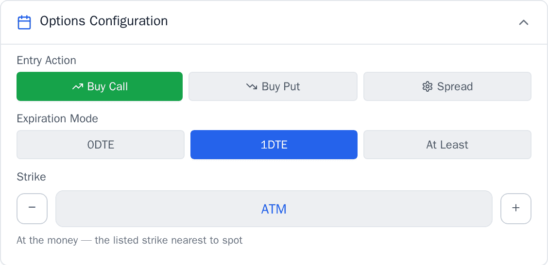 The expiry and strike configuration screen: three expiry modes side by side, and the strike set as an offset from at-the-money